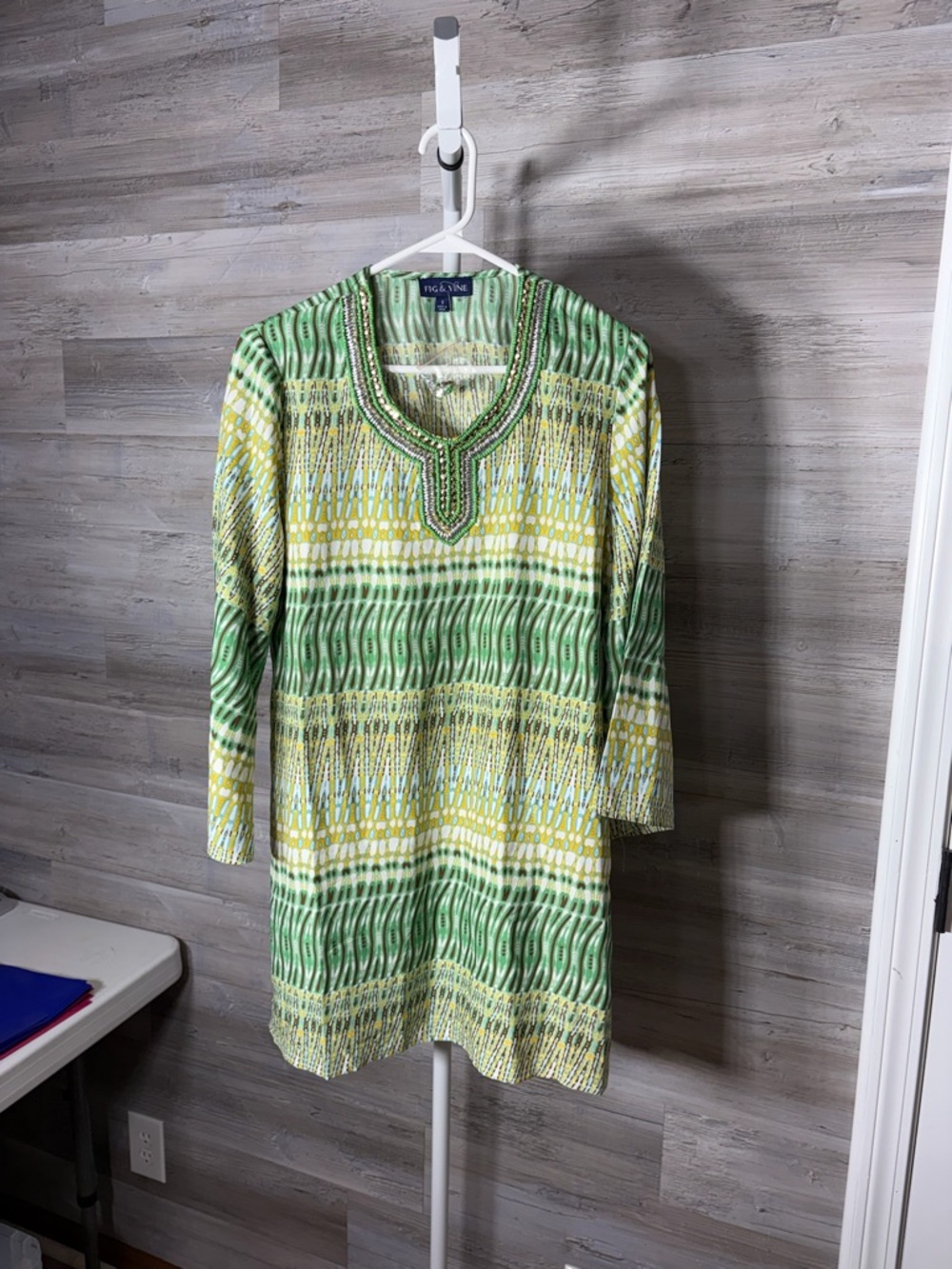 Beaded-Neckline Green Patterned Tunic Top 1872